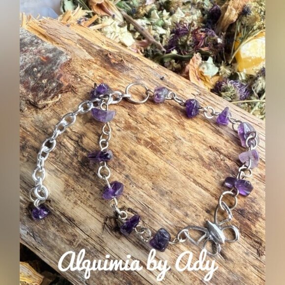 Charms adorned bracelet Amethyst and butterfly - Picture 1 of 4